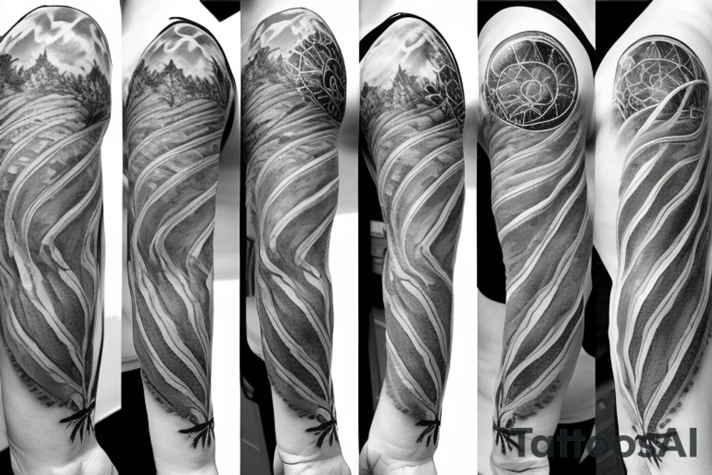 Cross in foreground. Fibonacci spiral behind the tattoo that transitions to clouds up top and a tree on the bottom tattoo idea
