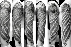 Cross in foreground. Fibonacci spiral behind the tattoo that transitions to clouds up top and a tree on the bottom tattoo idea