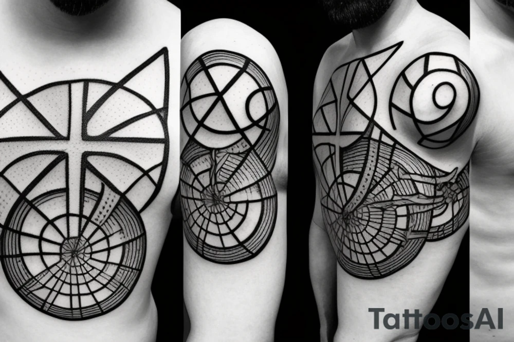 Cross in foreground. Fibonacci spiral behind the cross that transitions to clouds up top and a tree on the bottom tattoo idea
