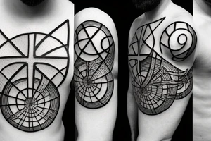 Cross in foreground. Fibonacci spiral behind the cross that transitions to clouds up top and a tree on the bottom tattoo idea