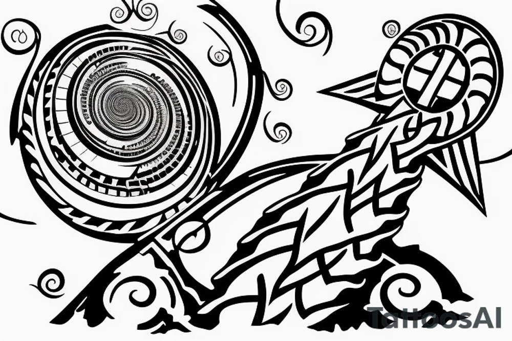Cross in foreground. Fibonacci spiral behind the cross that transitions to clouds up top and a tree on the bottom tattoo idea