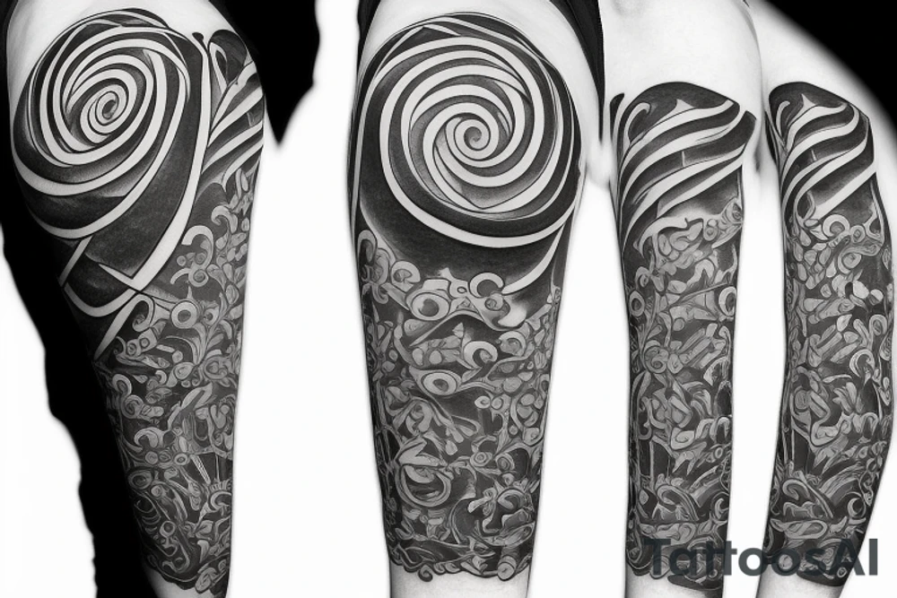 Cross in foreground with a Fibonacci spiral geometric pattern in background tattoo idea