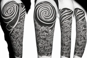 Cross in foreground with a Fibonacci spiral geometric pattern in background tattoo idea