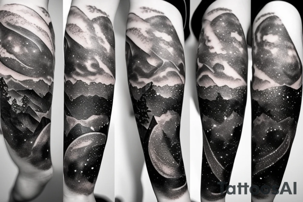 Spiral galaxy that transitions to mountain nature scene tattoo idea