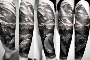 Spiral galaxy that transitions to mountain nature scene tattoo idea