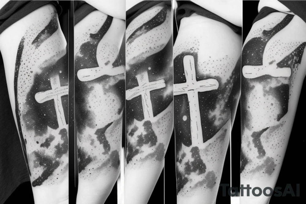cross with a space and Milky Way background tattoo idea