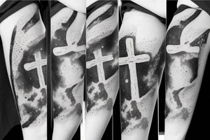 cross with a space and Milky Way background tattoo idea