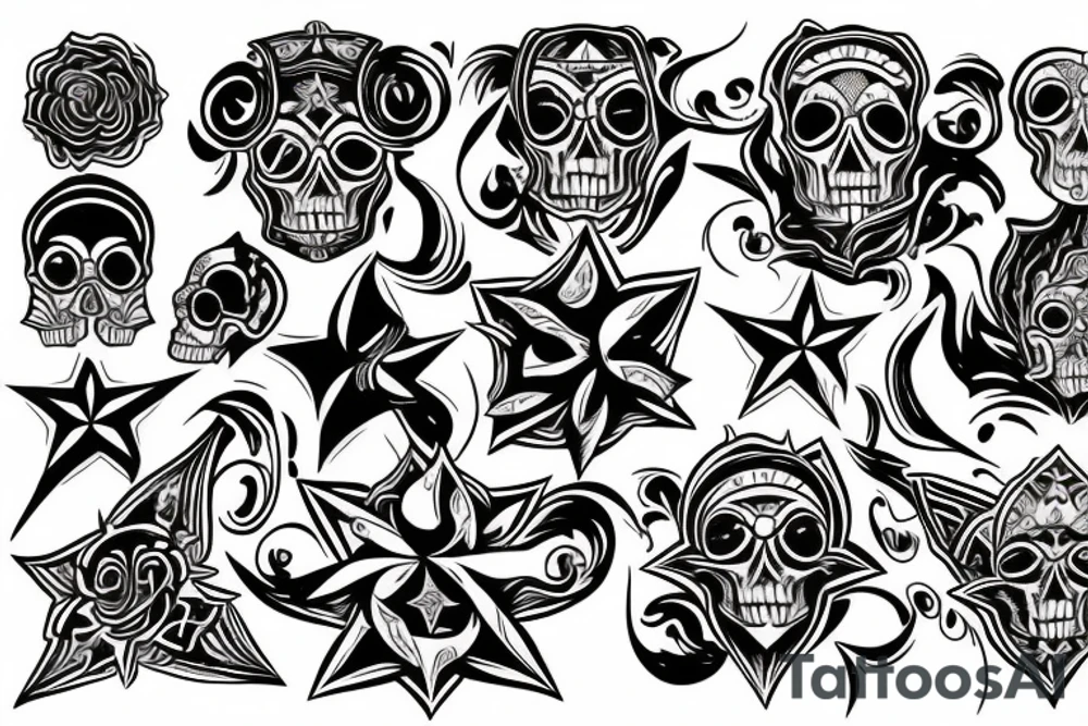 Neo-tribal stars and skulls tattoo idea