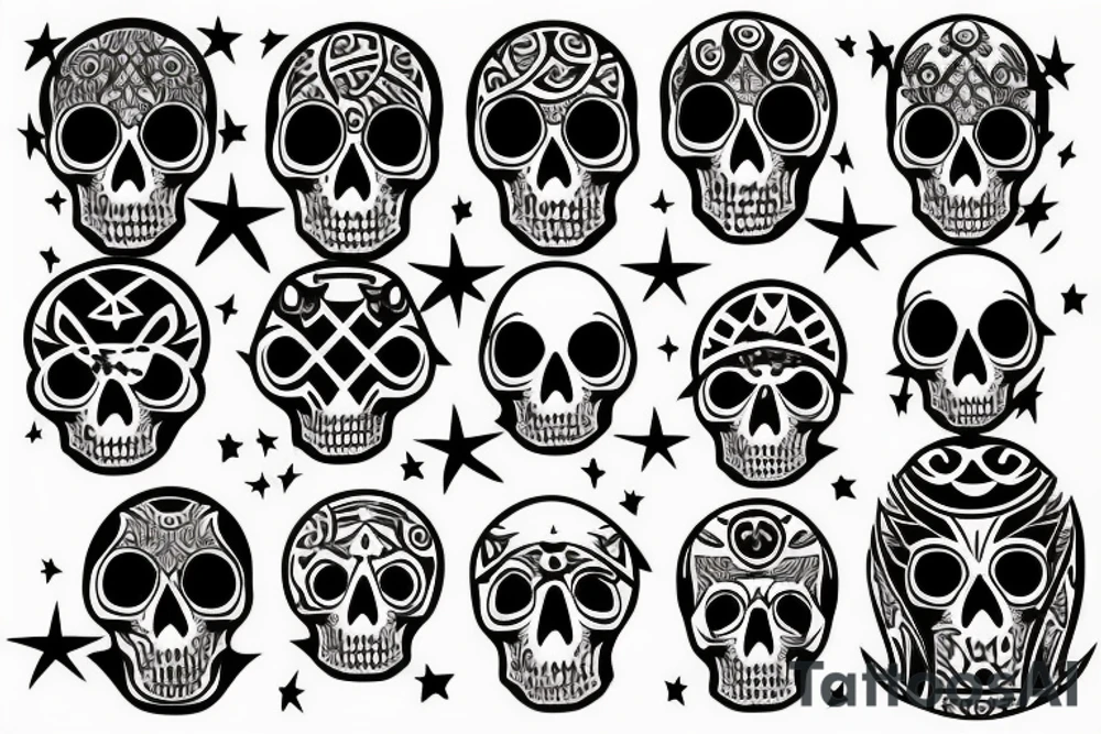 Neo-tribal stars and skulls tattoo idea