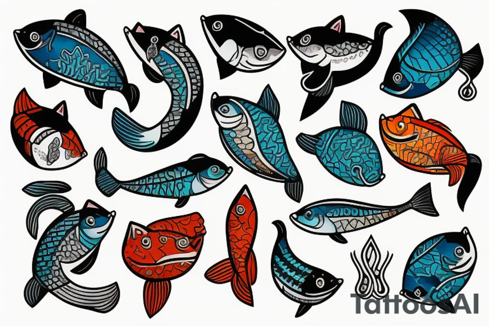 cat hunying fish tattoo idea