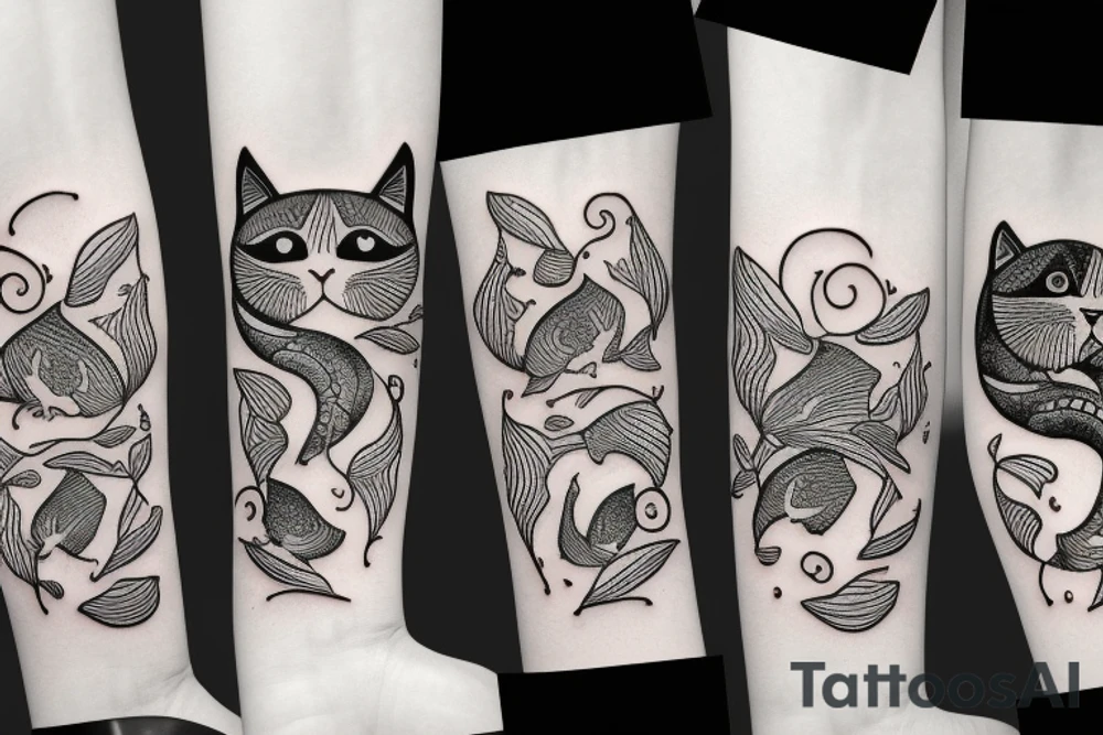 cat hunying fish tattoo idea