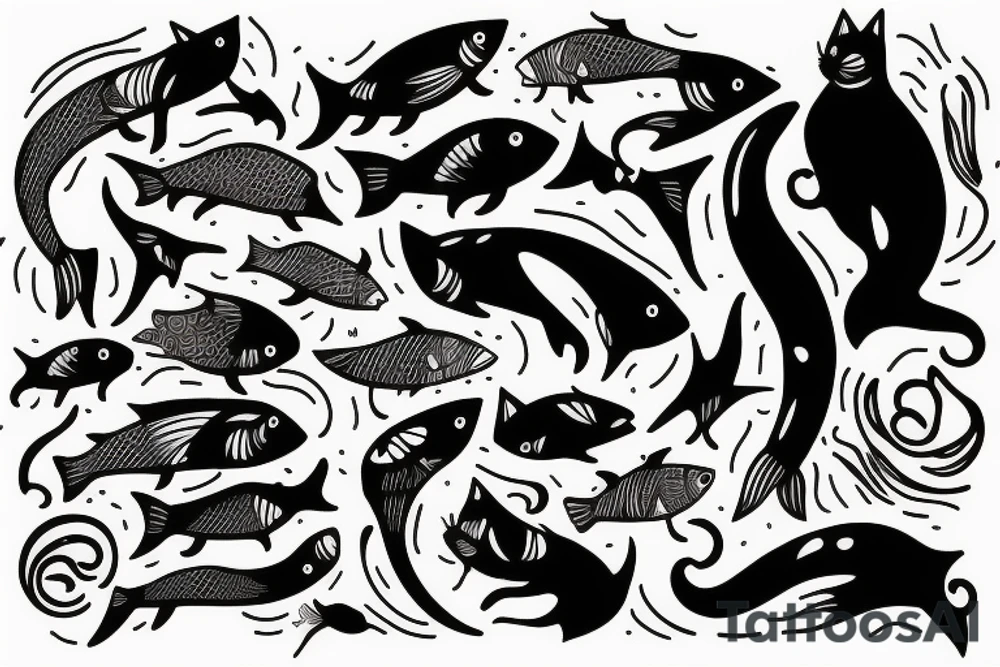 cat hunying fish tattoo idea