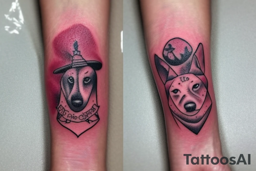 Tatto for the inside of left wrist approximately 2x2 inches.  No faces.  Create something that represents the love af a friend who’s Nick name is “Red Dog” and the saying “tell then I said to pound sand” tattoo idea