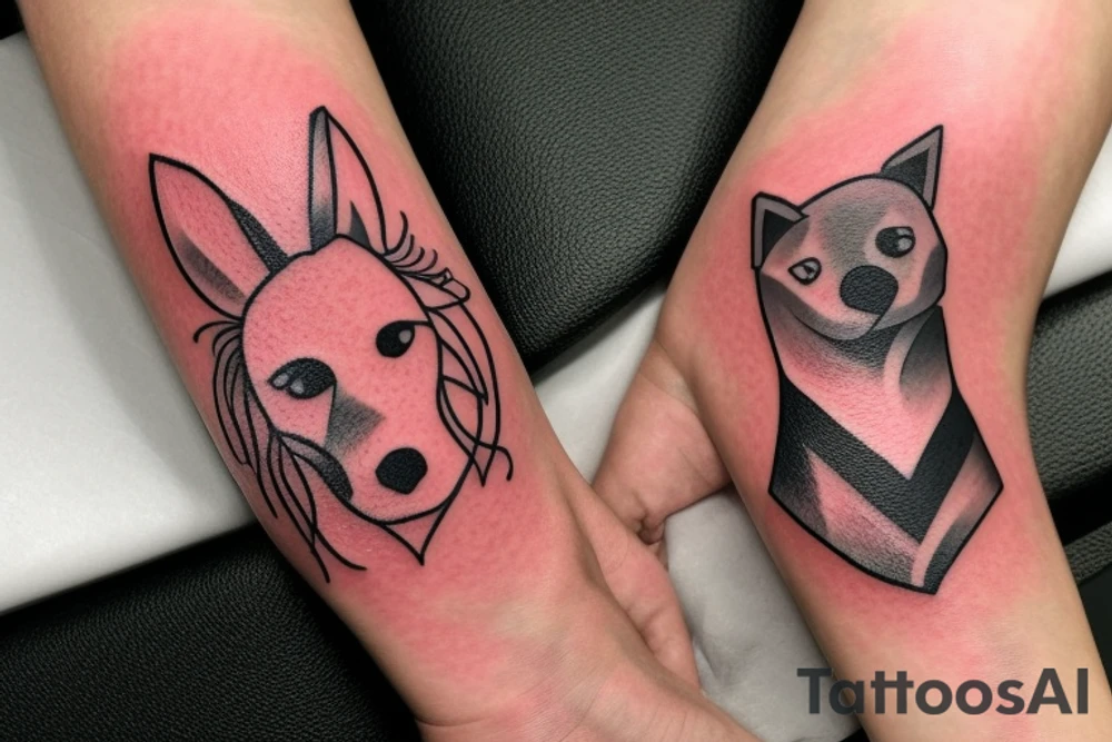 Tatto for the inside of left wrist approximately 2x2 inches.  No faces.  Create something that represents the love af a friend who’s Nick name is “Red Dog” and the saying “tell then I said to pound sand” tattoo idea