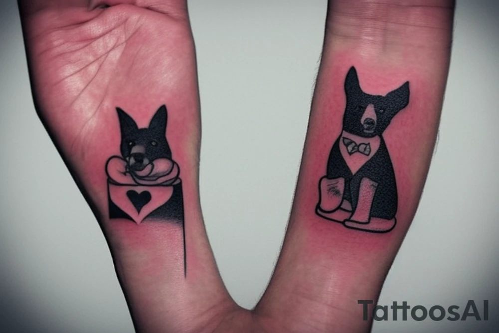 Tatto for the inside of left wrist approximately 2x2 inches.  No faces.  Create something that represents the love af a friend who’s Nick name is “Red Dog” and the saying “tell then I said to pound sand” tattoo idea