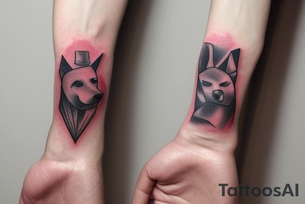Tatto for the inside of left wrist approximately 2x2 inches.  No faces.  Create something that represents the love af a friend who’s Nick name is “Red Dog” and the saying “tell then I said to pound sand” tattoo idea
