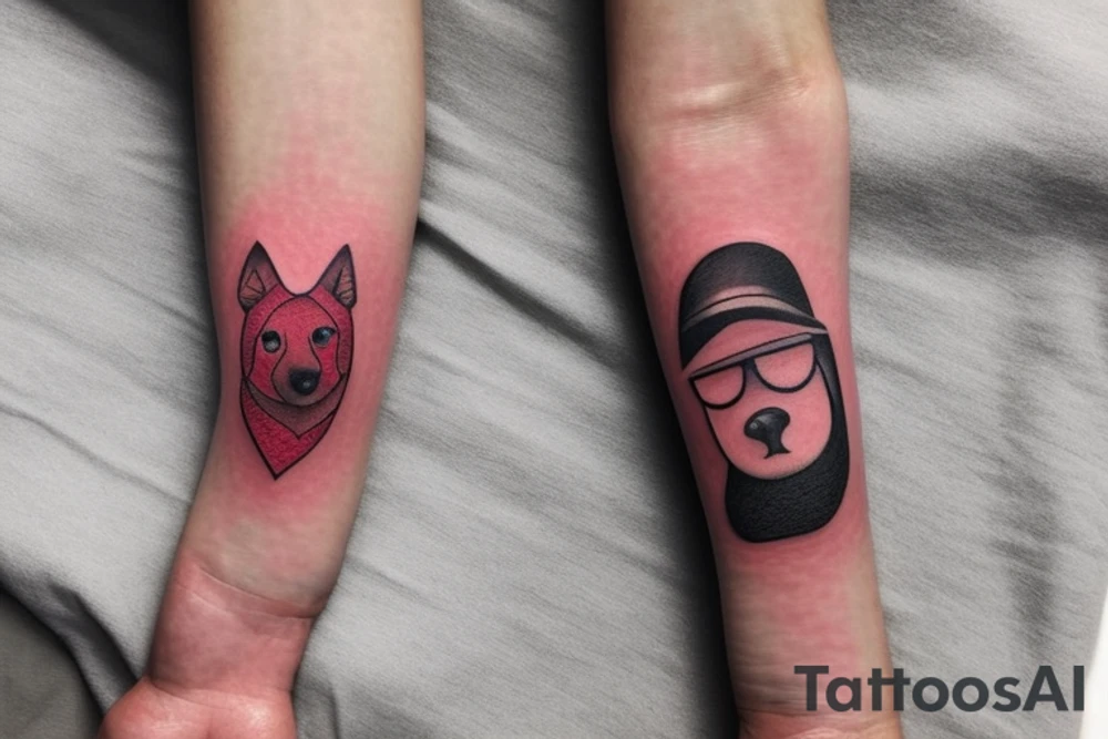 Tatto for the inside of left wrist approximately 2x2 inches.  No faces.  Create something that represents the love af a friend who’s Nick name is “Red Dog” and the saying “tell then I said to pound sand” tattoo idea