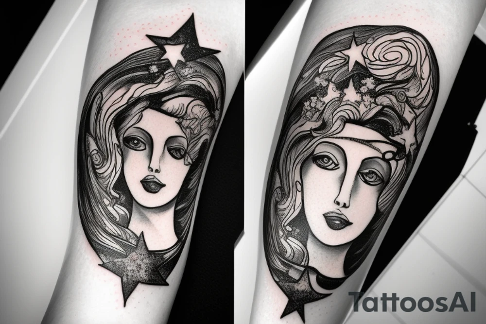 portrait of Aphrodite surrounded by swirling clouds and stars to represent the heavens. tattoo idea