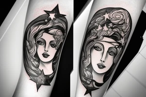 portrait of Aphrodite surrounded by swirling clouds and stars to represent the heavens. tattoo idea