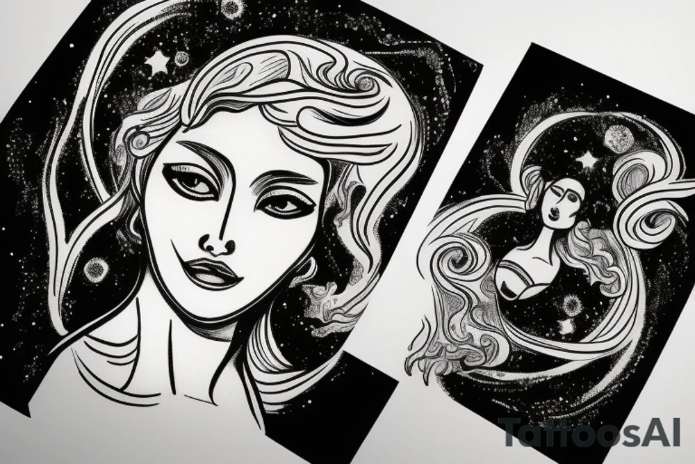 portrait of Aphrodite surrounded by swirling clouds and stars to represent the heavens. tattoo idea