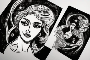 portrait of Aphrodite surrounded by swirling clouds and stars to represent the heavens. tattoo idea