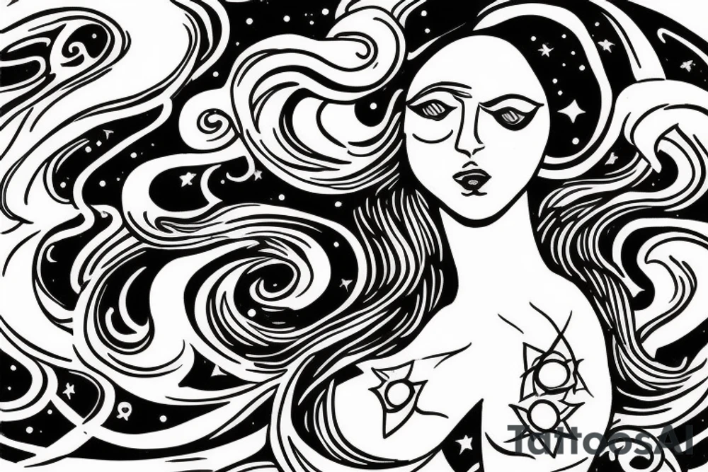 portrait of Aphrodite surrounded by swirling clouds and stars to represent the heavens. tattoo idea