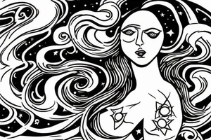 portrait of Aphrodite surrounded by swirling clouds and stars to represent the heavens. tattoo idea