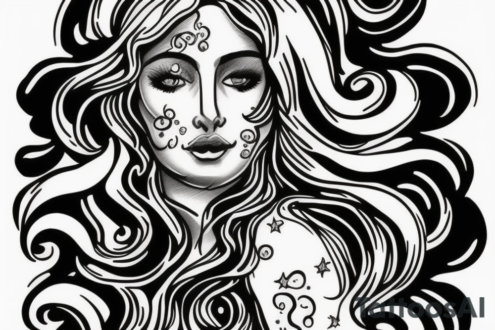 portrait of Aphrodite surrounded by swirling clouds and stars to represent the heavens. tattoo idea