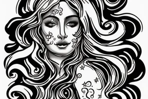 portrait of Aphrodite surrounded by swirling clouds and stars to represent the heavens. tattoo idea