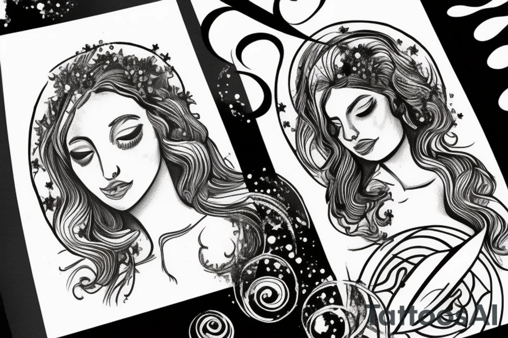 portrait of Aphrodite surrounded by swirling clouds and stars to represent the heavens. tattoo idea