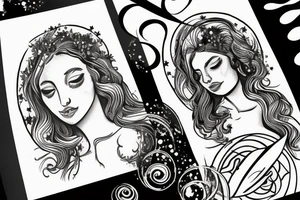 portrait of Aphrodite surrounded by swirling clouds and stars to represent the heavens. tattoo idea