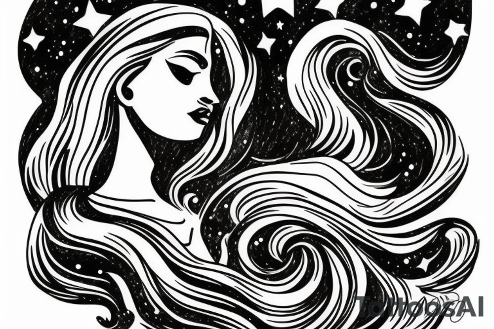 portrait of Aphrodite surrounded by swirling clouds and stars to represent the heavens. tattoo idea