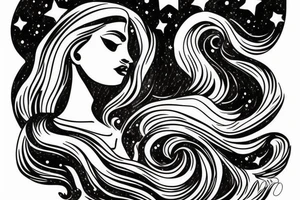 portrait of Aphrodite surrounded by swirling clouds and stars to represent the heavens. tattoo idea