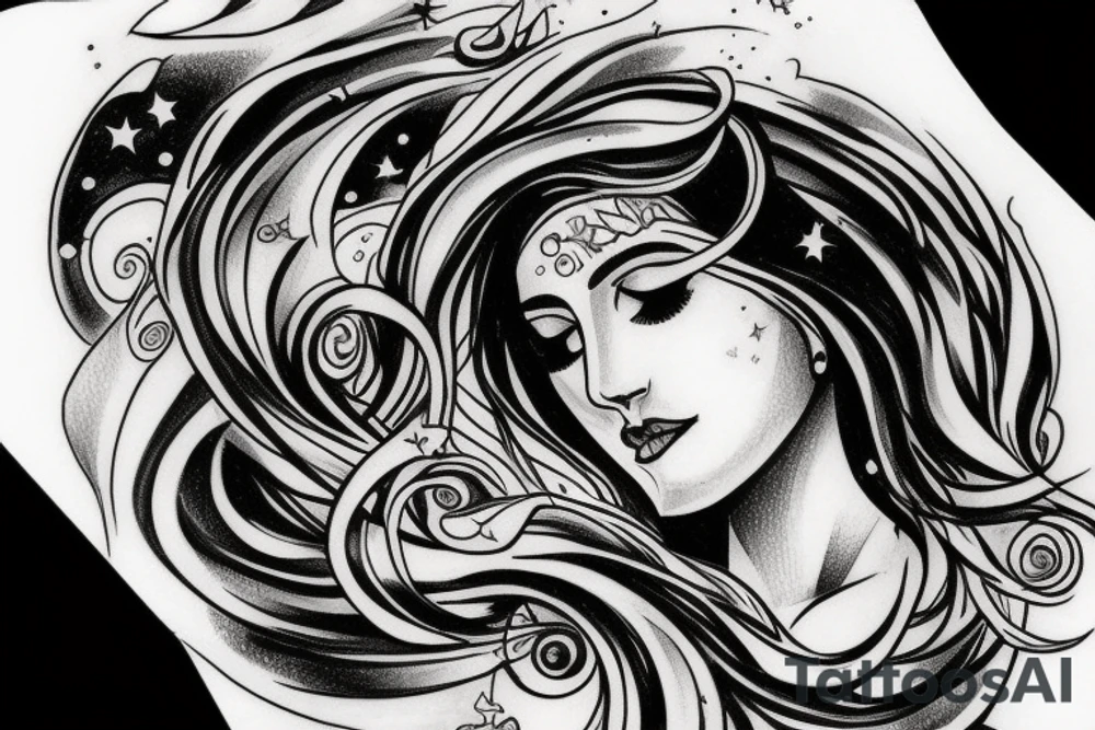 portrait of Aphrodite surrounded by swirling clouds and stars to represent the heavens. tattoo idea