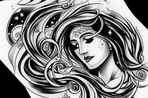 portrait of Aphrodite surrounded by swirling clouds and stars to represent the heavens. tattoo idea