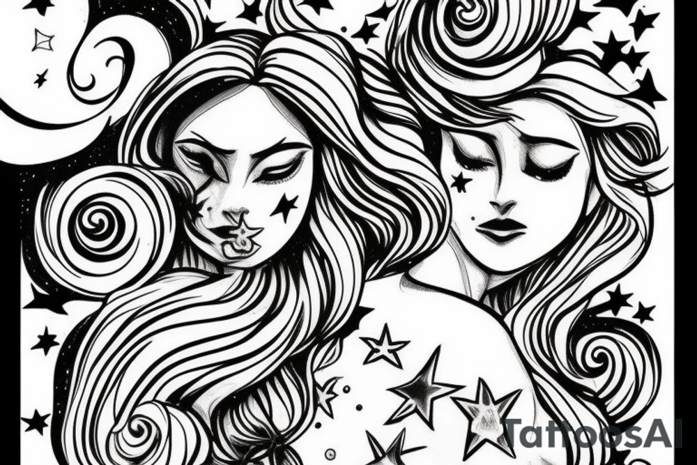 portrait of Aphrodite surrounded by swirling clouds and stars to represent the heavens. tattoo idea