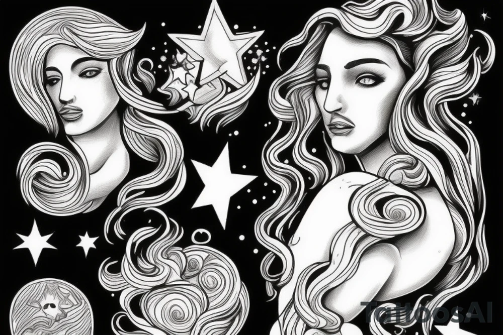 portrait of Aphrodite surrounded by swirling clouds and stars to represent the heavens. tattoo idea