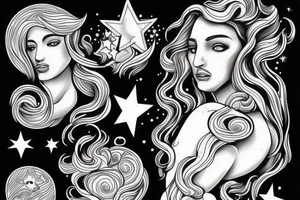 portrait of Aphrodite surrounded by swirling clouds and stars to represent the heavens. tattoo idea