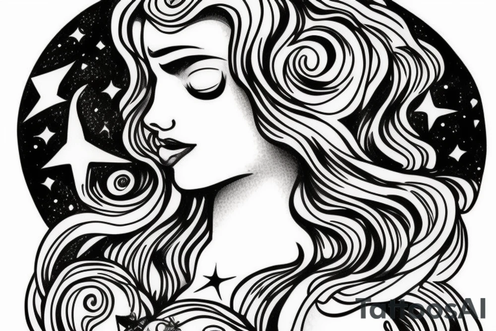 portrait of Aphrodite surrounded by swirling clouds and stars to represent the heavens. tattoo idea