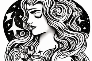 portrait of Aphrodite surrounded by swirling clouds and stars to represent the heavens. tattoo idea