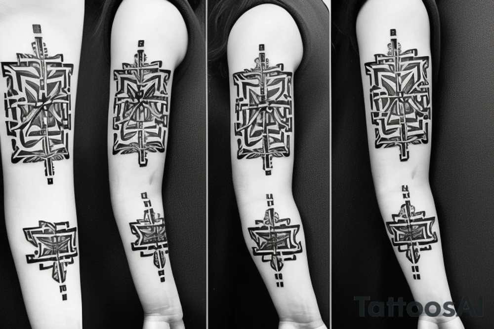 A cross on an arm with geometric pattern behind and around it tattoo idea