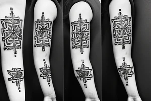 A cross on an arm with geometric pattern behind and around it tattoo idea