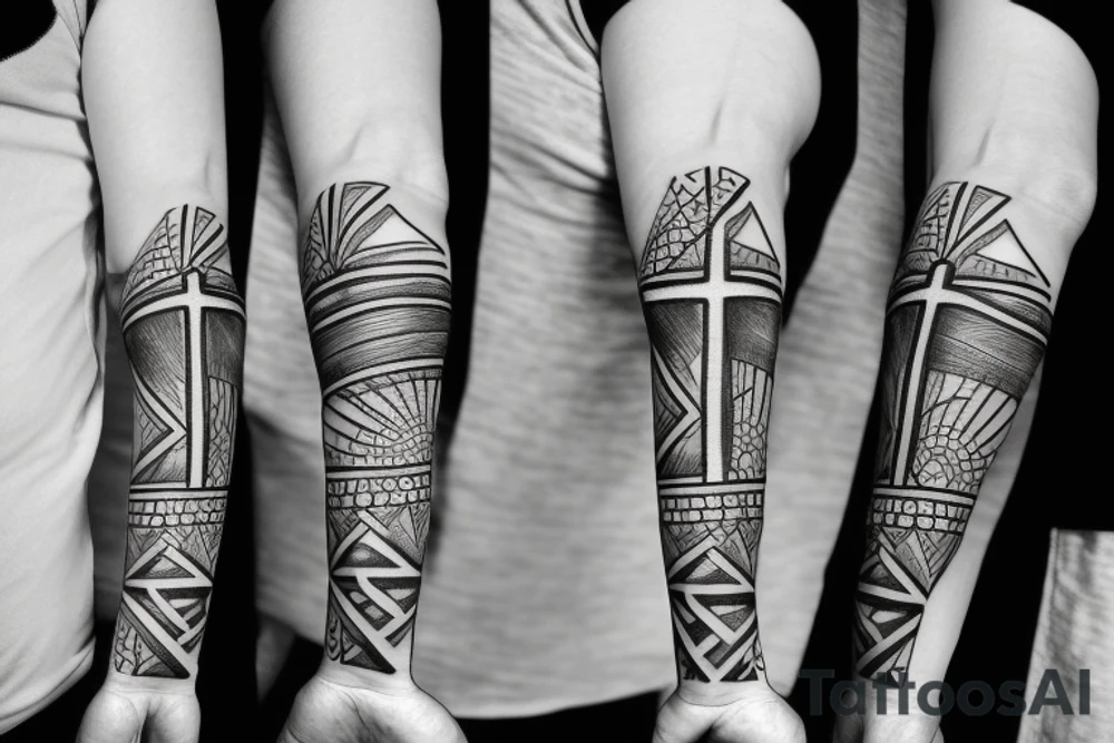 A cross on an arm with geometric pattern behind and around it tattoo idea