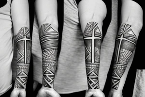 A cross on an arm with geometric pattern behind and around it tattoo idea