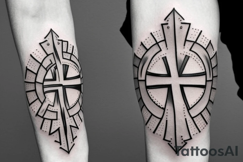 A cross on an arm with fractal geometric pattern behind and around it tattoo idea
