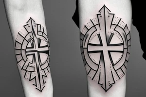 A cross on an arm with fractal geometric pattern behind and around it tattoo idea