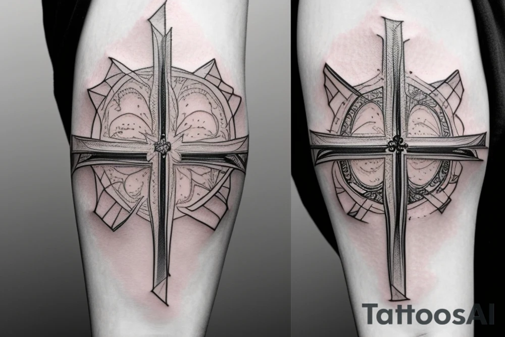A cross on an arm with fractal geometric pattern behind and around it tattoo idea
