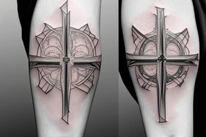 A cross on an arm with fractal geometric pattern behind and around it tattoo idea