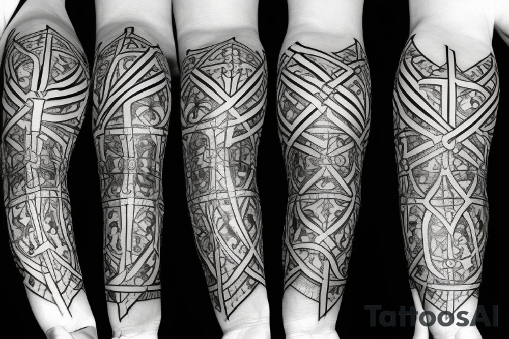 A cross on an arm with fractal geometric pattern behind and around it tattoo idea