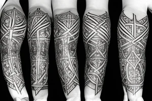 A cross on an arm with fractal geometric pattern behind and around it tattoo idea